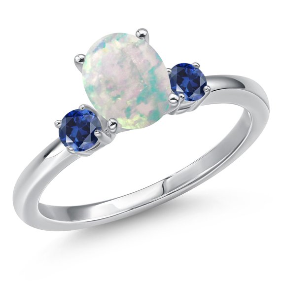 Gem Stone King 14K White Gold Simulated White Opal and Blue Created Sapphire Engagement Ring for Women | 1.28 Cttw | Oval Cabochon 8X6MM | Gemstone October Birthstone | Size 7