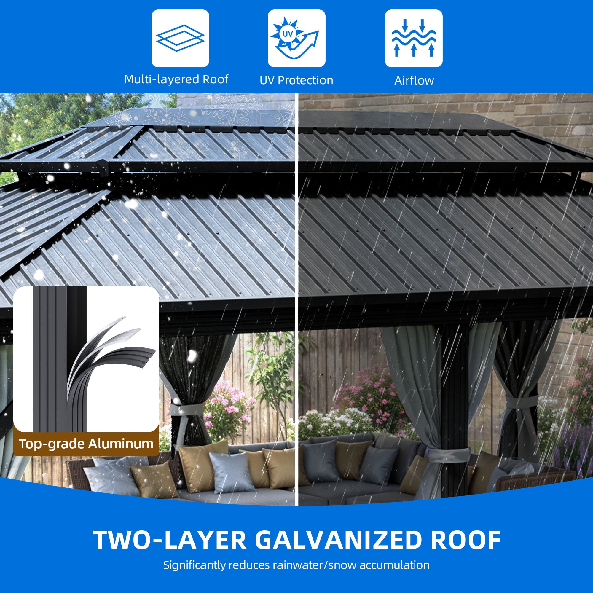 Dextrus 12x18ft Large Double Roof Hardtop Gazebo with Nettings & Gray Curtains,Heavy Duty Double Roof Galvanized  Iron Aluminum Canopy,Sunshade for Garden, Patio, Lawns, Black&Gray