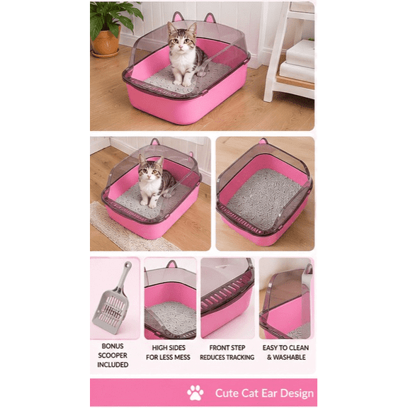 Pawfect Bed Company and Pet Supply Plastic litter box with Ears Open Top Cat Litter Box with Scooper, Pink
