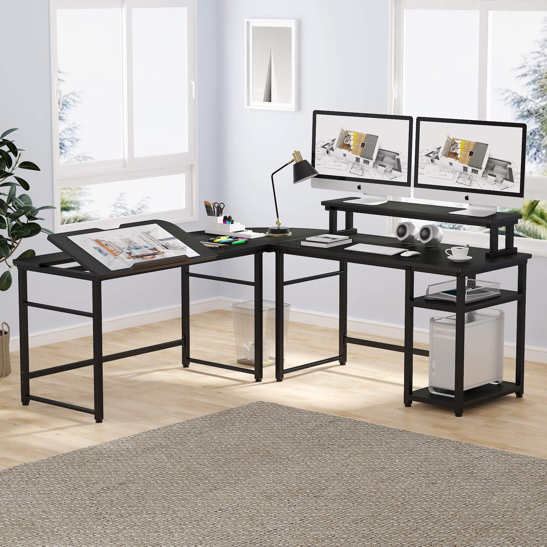 Tribesigns 70 8 Inch L Shaped Computer Desk With Monitor Stand Large Corner Desk Drafting Drawing Table Walmart Com Walmart Com