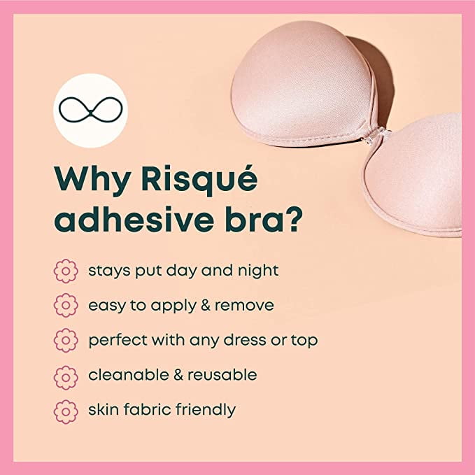 Risque Strapless Adhesive Bra - Backless with Reusable Silicone Nipple  Covers D-cup 32/70D 34/75D 36/80C(D) 38/85C(D)