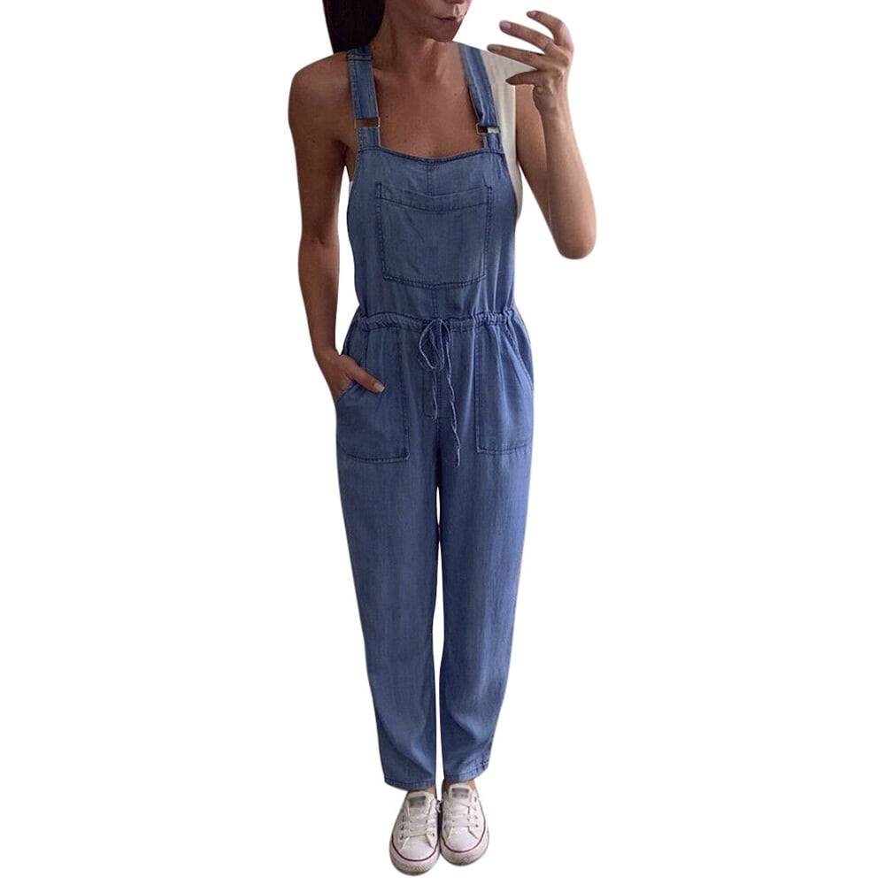 Tanming Women's Casual Cotton Linen Adjustable Strap Drawstring Overalls Jumpsuits 