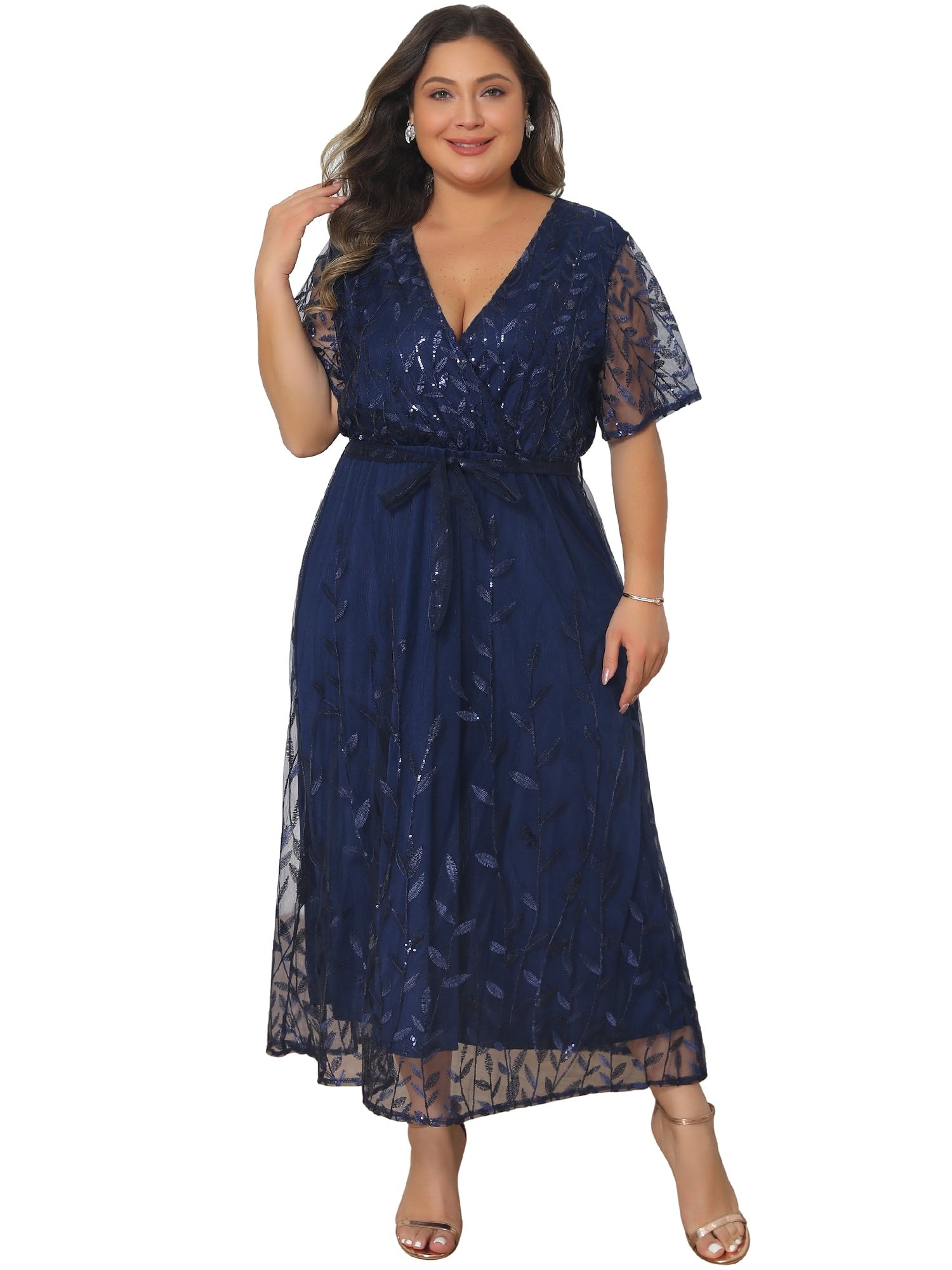 DARING DIVA Women's Plus Wedding Guest Dress Sequin Wrap V Neck Midi 2X Navy Blue