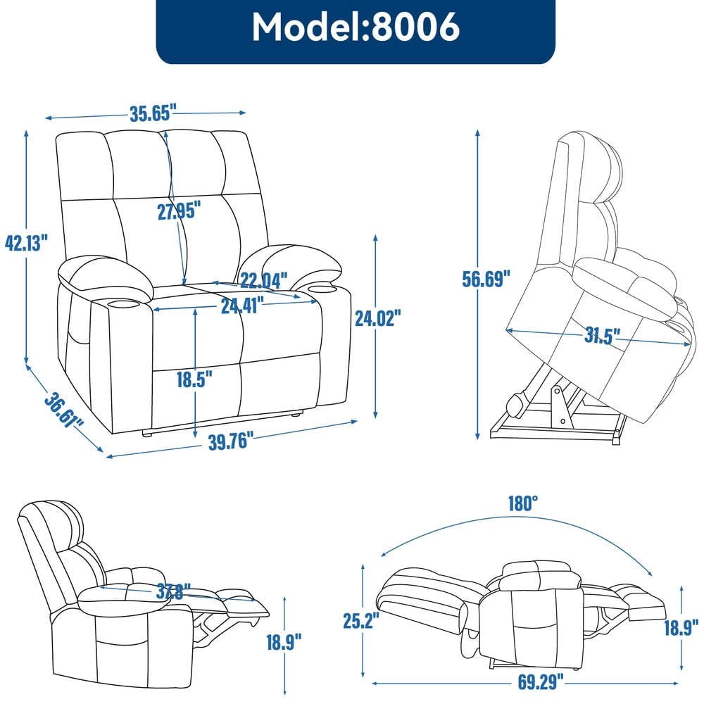 Resenkos Recliner 24.5" Wide with Dual Motors, Massage & Heat, Cup Holders, 350lb Capacity, Gray-Blue