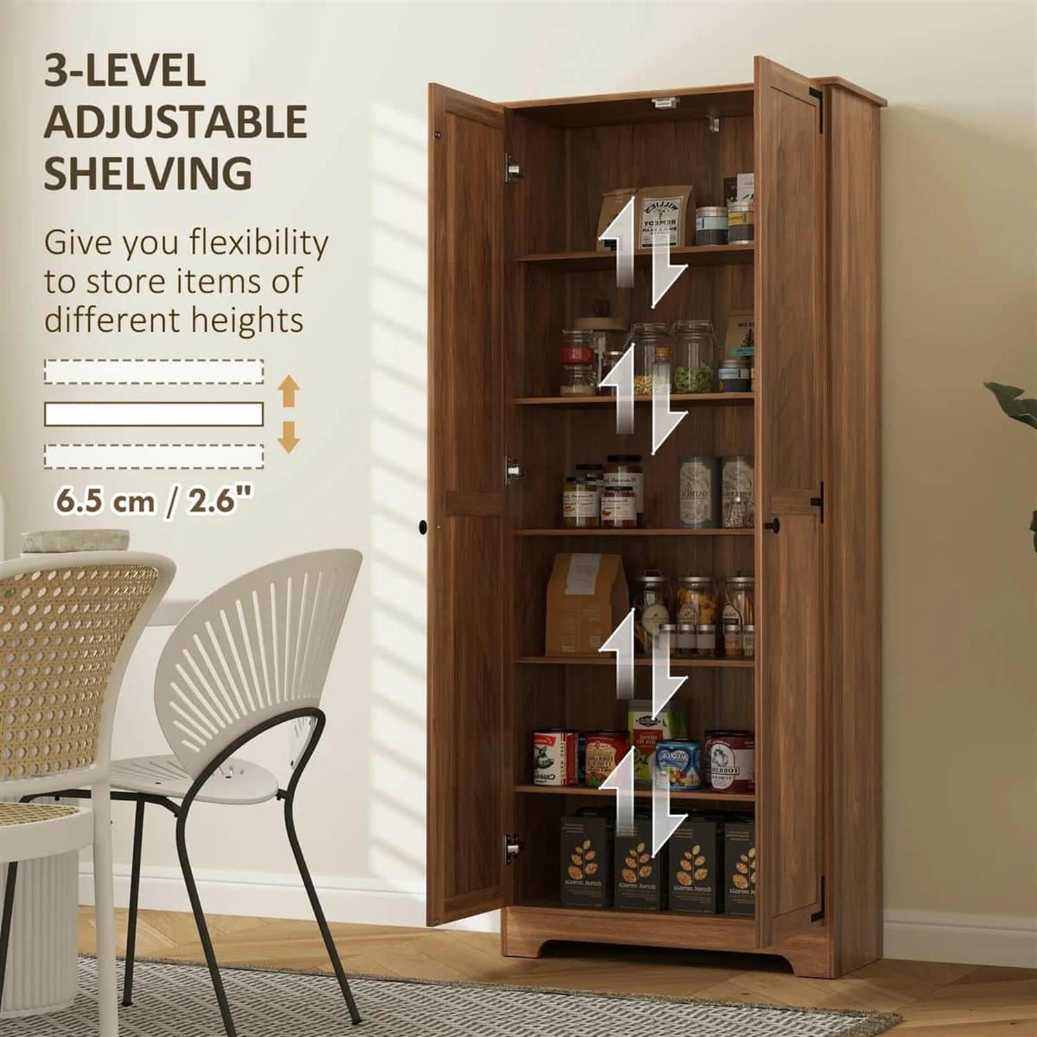 Demi Bonn 71" Large Kitchen Pantry Cabinet, Freestanding Storage with 6 Adjustable Shelves for Home Organization, Brown