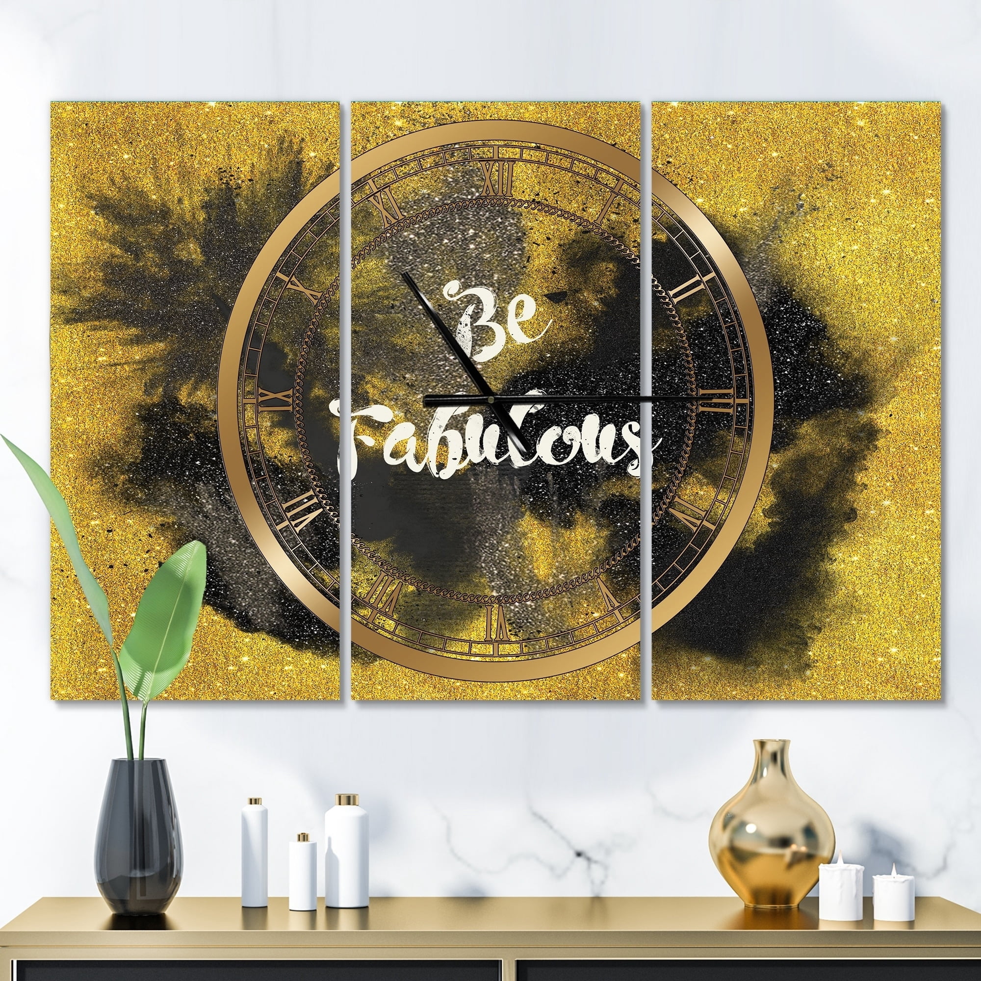 Designart 'Be Fabulous Quote Black on Gold' Traditional Wall Clock