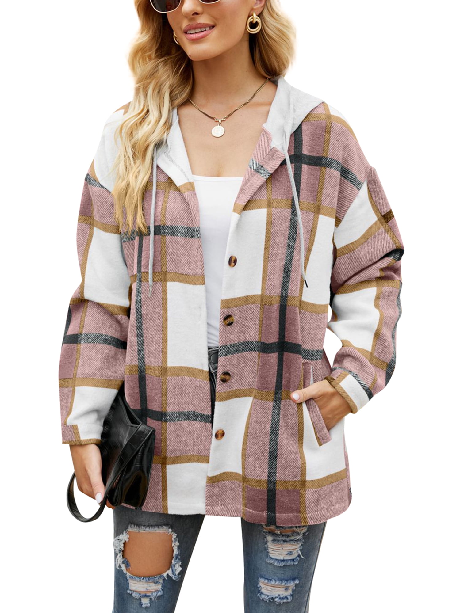 Women Flannel Jacket with Hood Plaid 