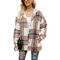 thumbnail image 2 of KOMOO Women Plaid Flannel Hooded Jacket Long Sleeve Drawstring Plaid Long Jackets Fall Winter Warm Coat, 2 of 5
