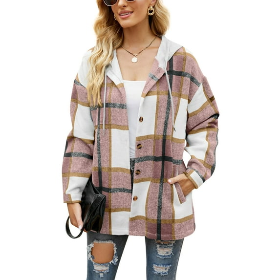 hirigin Female Coat, Plaid Long Sleeve Hooded Zipper Jacket with Buttons and Pockets Outerwear for Autumn, S/M/L/XL/XXL