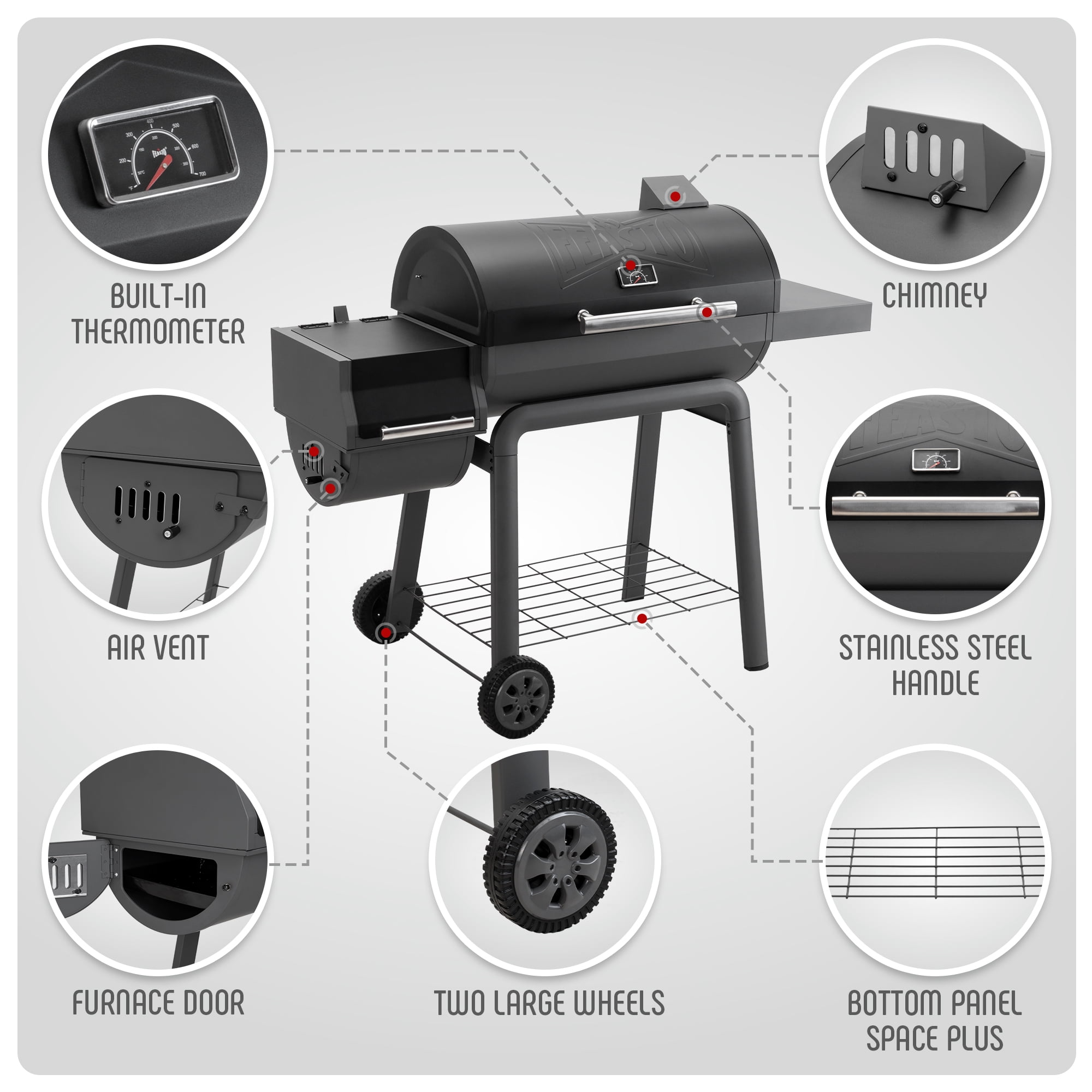Feasto 30-Inch BBQ Charcoal Grill with Offset Smoker & Side Table, Heavy-Duty Outdoor Grill with 832 Sq. In. Total Cooking Space