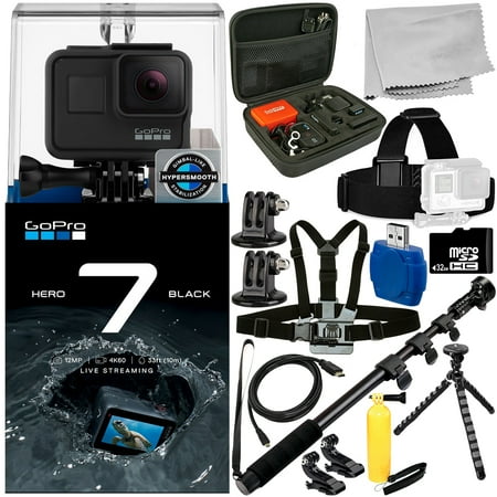 GoPro HERO7 HERO 7 Black 15PC Accessory Bundle - Includes 32GB microSD Memory Card + High Speed Memory Card Reader + Heavy Duty Monopod + (Gopro Hero 3 Black Best Price)