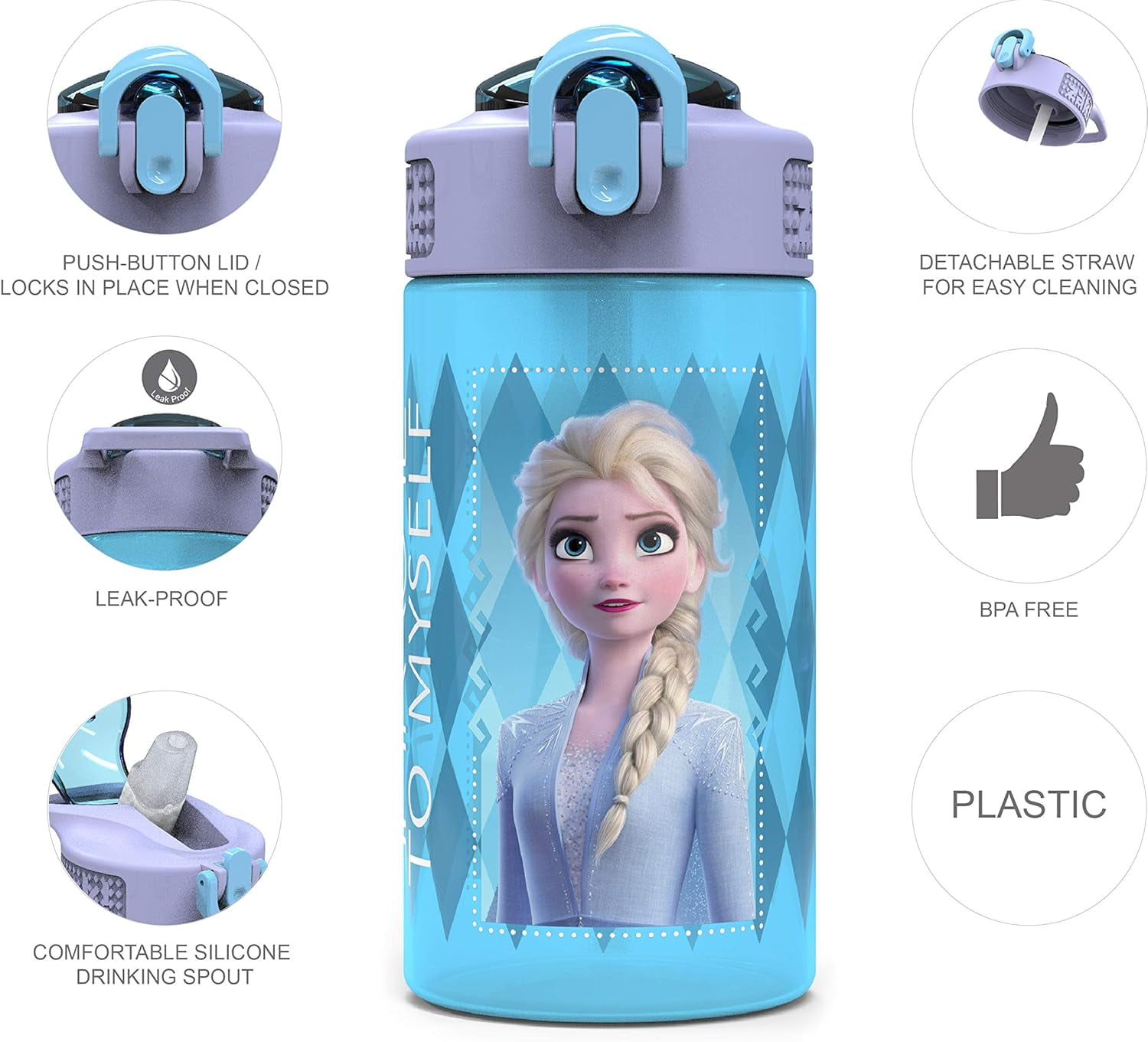 Zak Designs 2pc 16 oz Disney Frozen 2 Movie Kids Water Bottle Plastic with Easy-Open Locking Spout Cover for Travel, Anna and Elsa