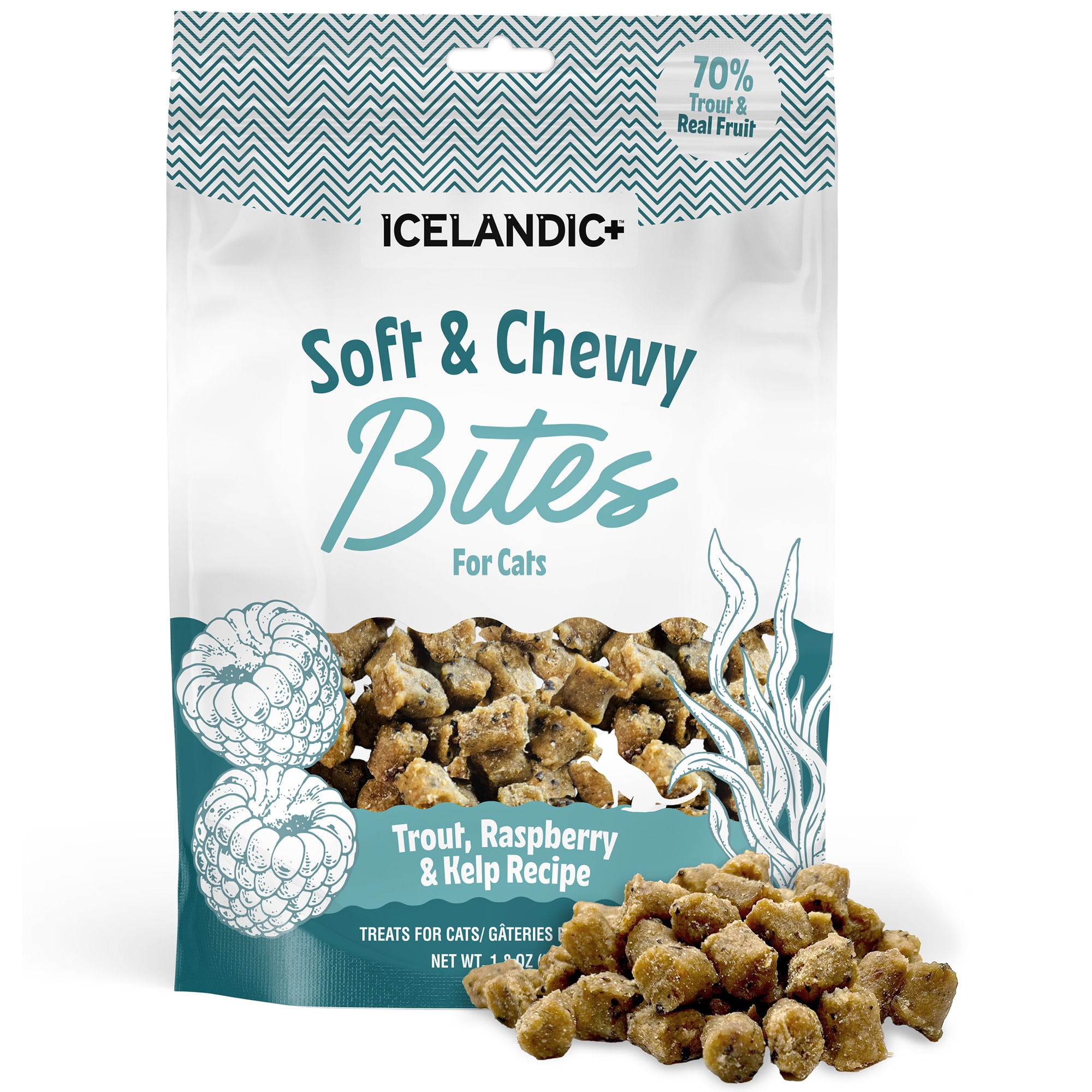 Icelandic+ Soft & Chewy Bites - Trout, Raspberry & Kelp - 1.8oz Cat Treats, 70% Meat & Fruit, Air-Dried, Limited Ingredients, Pet Snack, Grain Free