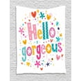 thumbnail image 1 of Hello Gorgeous Tapestry, Girl Female Themed Typography Quote with Star Hearts Lines and Floral Motifs, Wall Hanging for Bedroom Living Room Dorm Decor, 40W X 60L Inches, Multicolor, by Ambesonne, 1 of 2