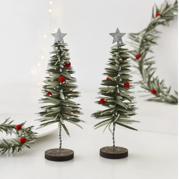 Christmas Mini Tree Wreath Set Desktop Ornament with Wooden Base Holiday Decor