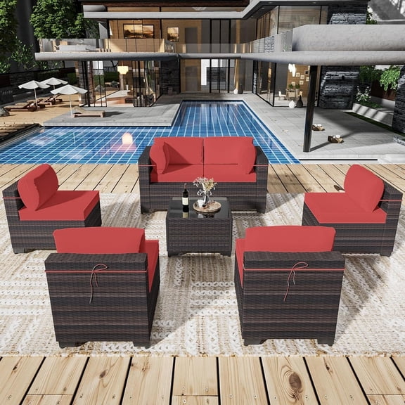 ASJMR 7 Pieces Outdoor Patio Furniture Set Outside PE Rattan Wicker Sectional Sofa Conversation Sets with Coffee Table and Red Cushions