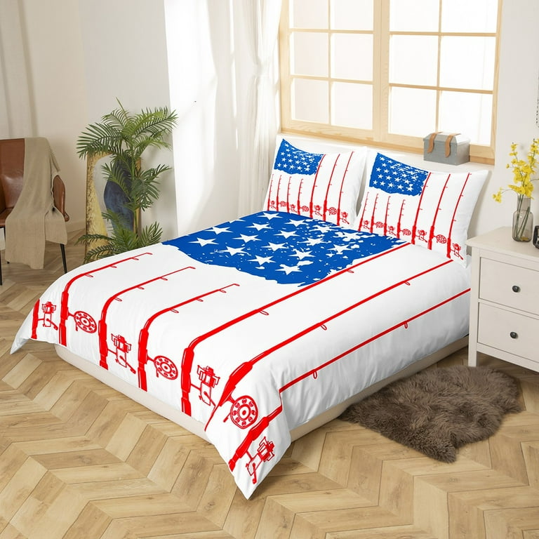 Fishing Pole Duvet Cover American Flag Fishing Bedding Set for Man Boys,Fish  Hook and Line Comforter Cover Fishing Gear Lake Angling Queen Bed Set,Red  Blue Stars and Stripes Fishing Line Room Decor 