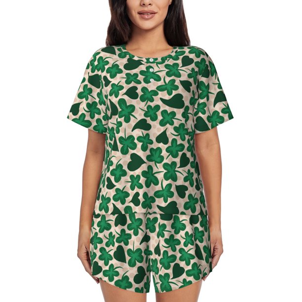 Balery Happy St. Patrick's Day Conjunto de Pijama para Mujer con Estampado, Dos Piezas de Manga Corta y Shorts, Ropa de Dormir Suave con Cuello Redondo y Bolsillos-3X-Large
