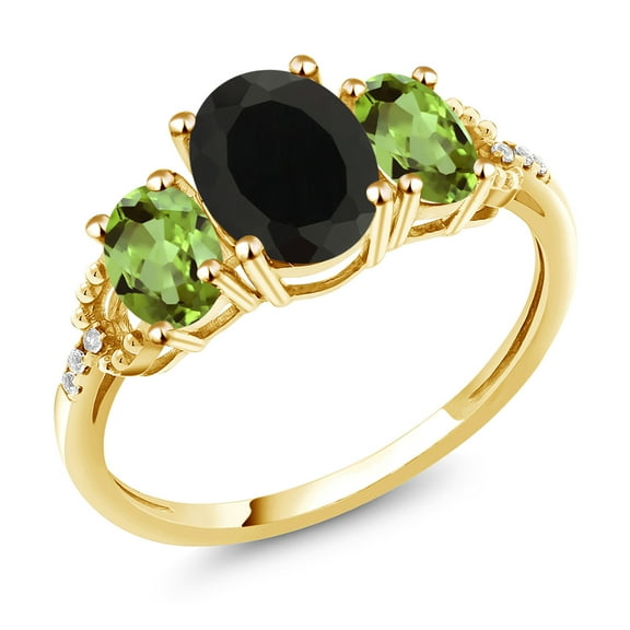 Gem Stone King 2.64 Cttw Oval 8X6MM Black Onyx Oval 6X4MM Green Peridot 10K Yellow Gold 3-Stone Ring for Women | Gemstone Birthstone | Size 5,6,7,8,9