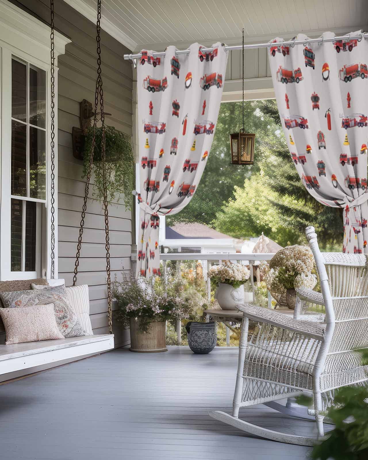 Cartoon Car Outdoor Curtains for Patio, Funny Red Black Fire Truck Print Vintage Privacy Drapes Grommet Waterproof Outside Curtains for Porch/Cabana/Balcony 54"x 108", 2 Panel