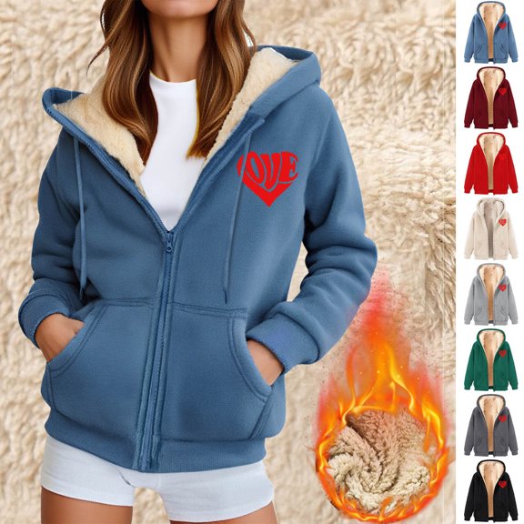 LVHAOGJOB Fleece Jackets for Women Zipper Sherpa Lined Winter Long Sleeve Plus Size Hoodie with Pockets Ladies Coats Warmth