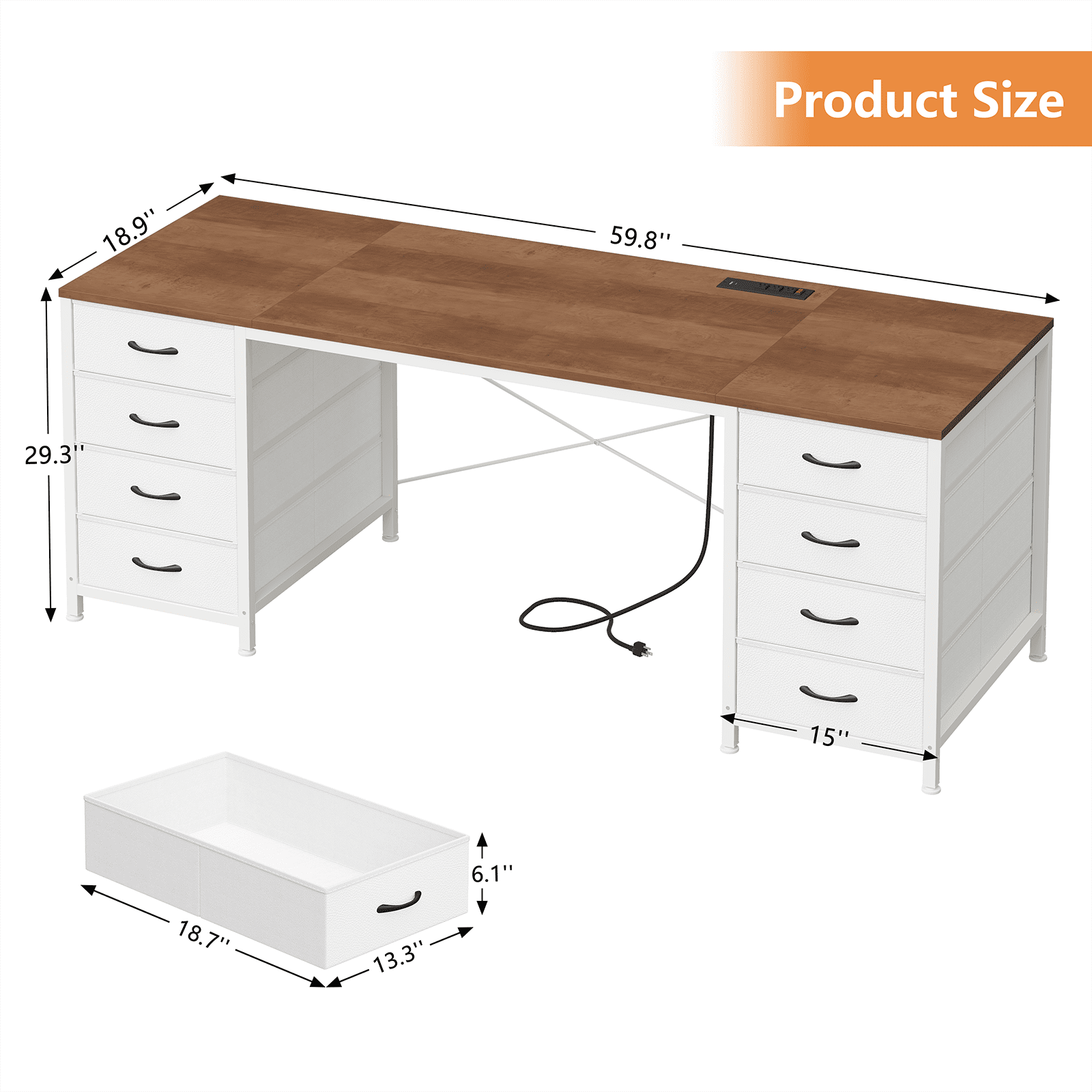 60 Inch Computer Desk with 8 Drawers, Home Office Desk with Power Outlets, Work Study Gaming Desk with 8 Fabric Drawers, Brown and White