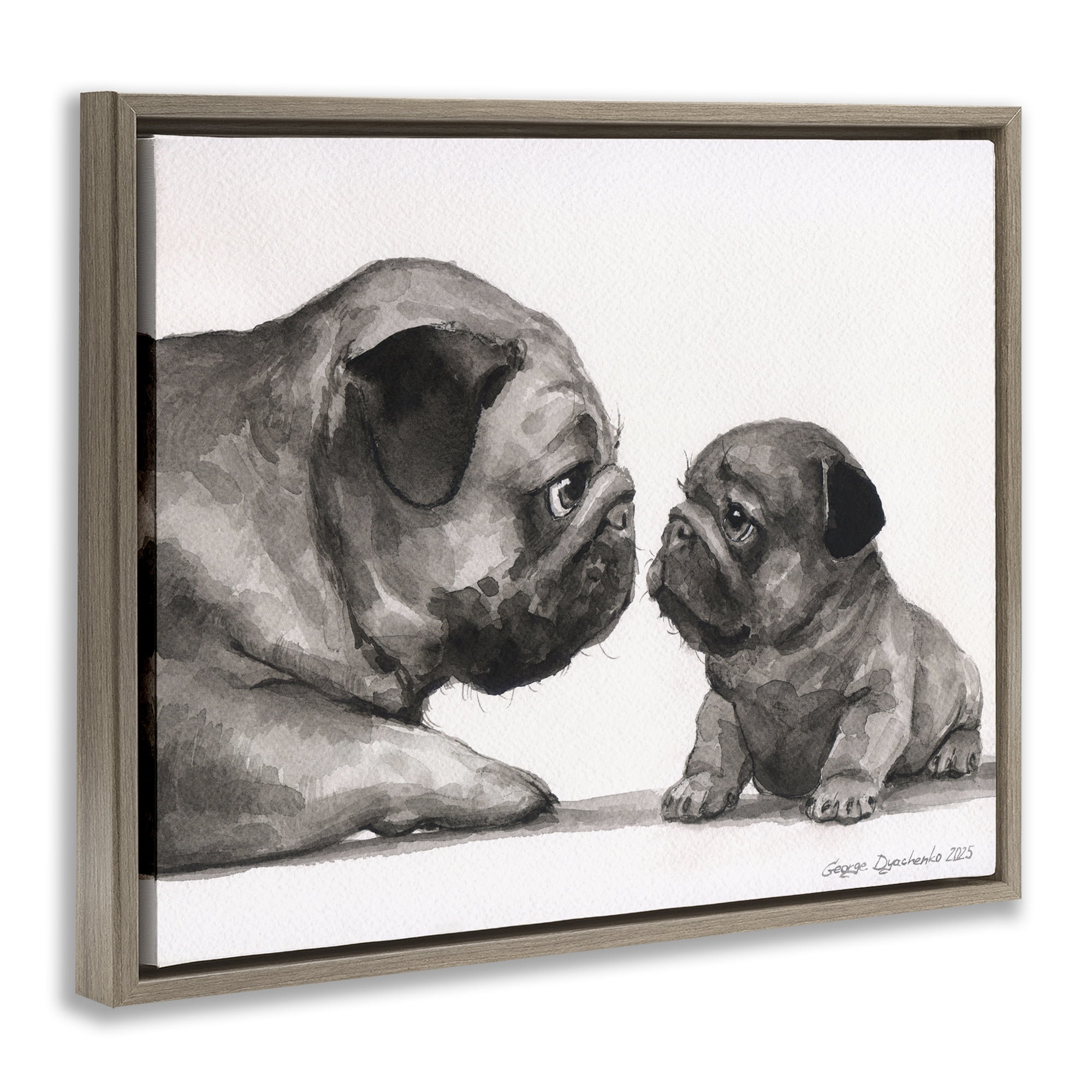 Stupell Industries Pug And Her Puppy Brown Framed Floater Canvas Wall Art, design by George Dyachenko