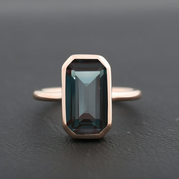 Large Teal Sapphire Gemstone Wedding Ring, Baguette Cut Stone Jewelry bezel Set Women Statement Ring, Simple Promise Ring, Personalized Gift
