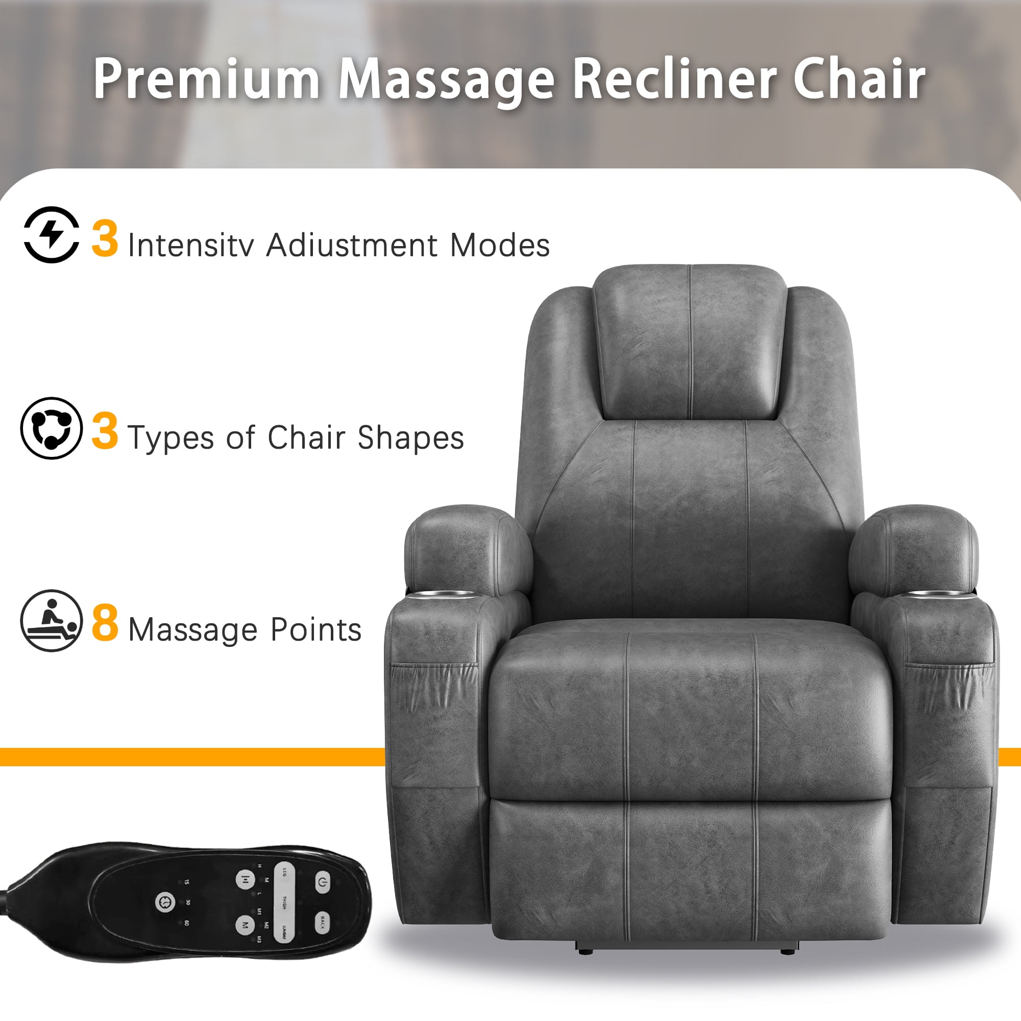Furmax Electric Power Lift Leathaire Recliner Chair with Massage for Bedroom,Gray