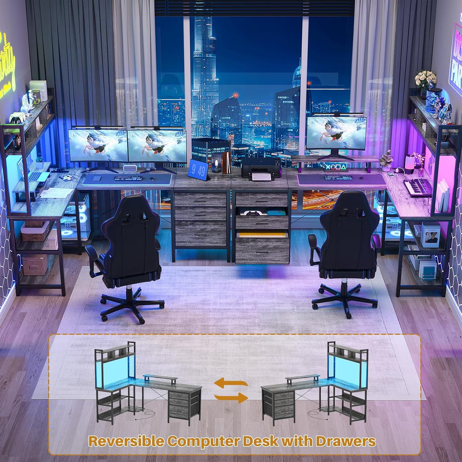 iSunirm L Shaped Gaming Desk with Storage, Computer Gaming Desk with LED Lights & Hutch, Reversible Computer Desk with Power Outlet, Corner Desk with Drawers, Shelves for Home, Black Oak