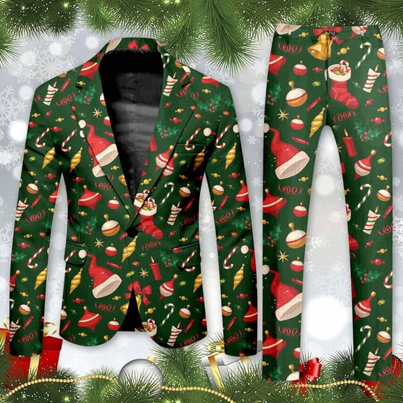 Ediodpoh Men Blazer Suit Male Christmas Themed Long Sleeved Suit Set Men's Suits Green S