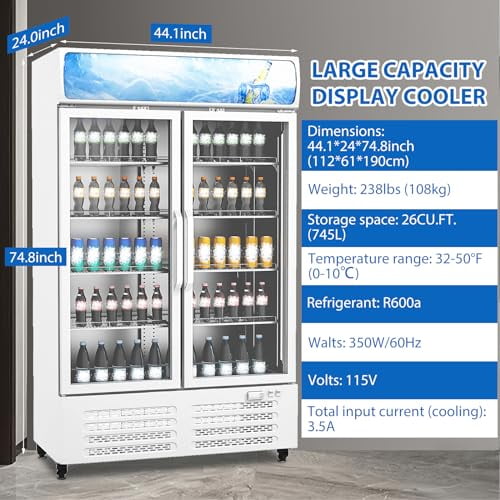 2025 New Commercial Refrigerators Display Fridge 26 Cu.ft, Beverage Refrigerator and Cooler with Adjustable Removable Shelves and LED Light for Home, Store, Gym, Bar or Office, Double Swing Door
