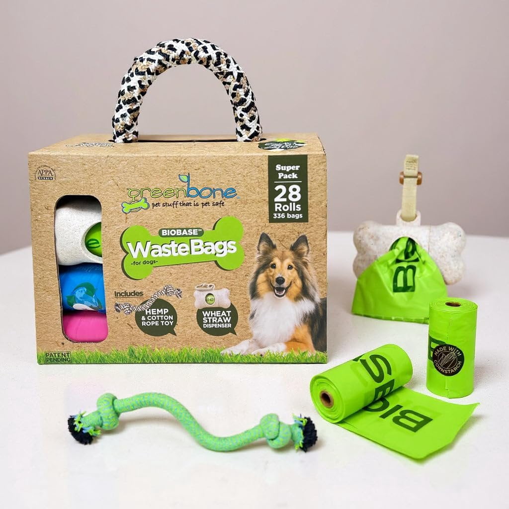 Greenbone Dog Gift set Blue Dog Poop Bag Refills for Dispenser:  includes Dispenser and Rope Toy Handle - 28 Rolls - 336 Bags