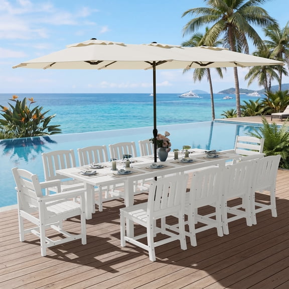 SERWALL 12-Piece Outdoor Dining Set with Expandable Patio Dining Table and 10 Chairs & 1 Umbrella, 60–83 Inch All-Weather HDPE Patio Furniture Sets for Backyard, Garden, Deck, Poolside - White