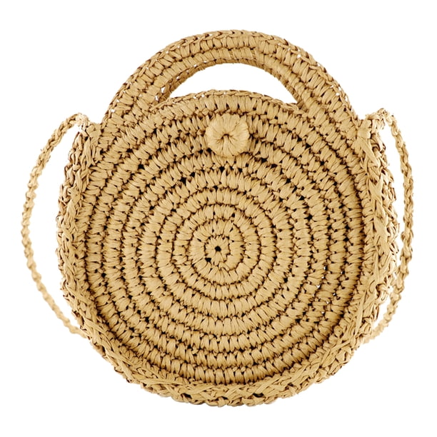 Bolso tejido a mano para mujer, bolso de hombro tejido redondo de verano, bolso de paja para la playa (caqui) Ehuebsd Para Estrenar