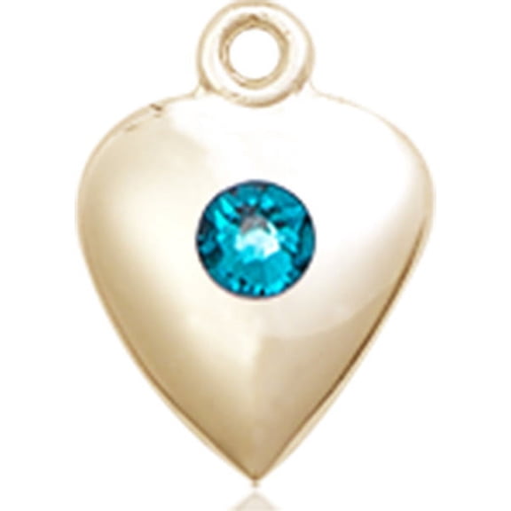 14kt Yellow Gold Heart Medal with 3mm December Blue Swarovski Crystal 1 1/4 x 1 5/8 inches