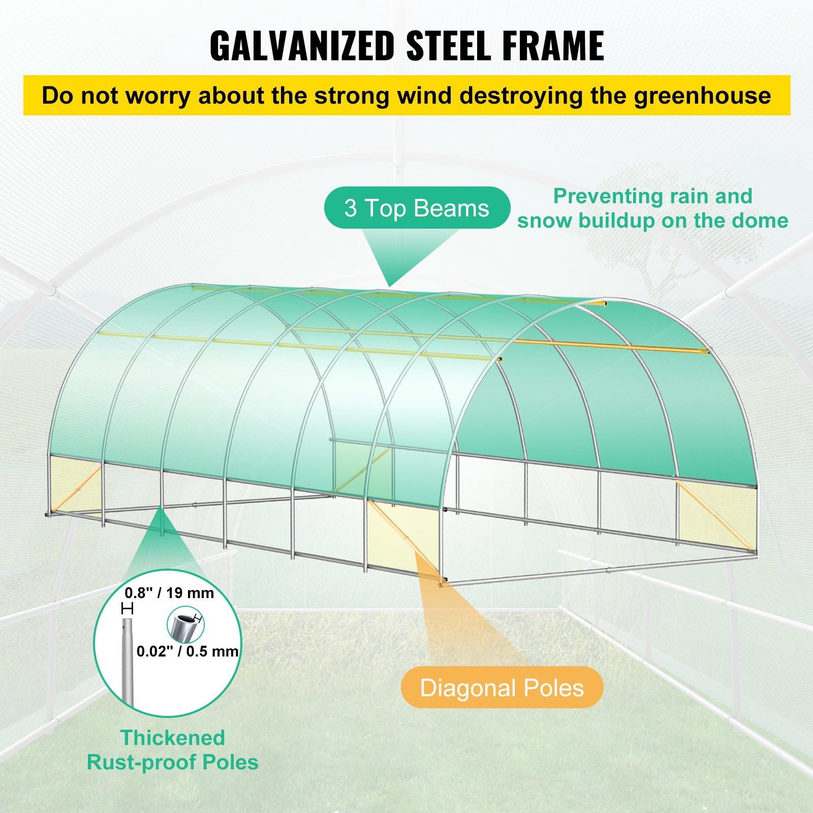 Portable Walk-in Tunnel Greenhouse 20x10x7 ft, Heavy Duty Galvanized Steel Hoops, 2 Doors & 12 Vents for Plant Growing