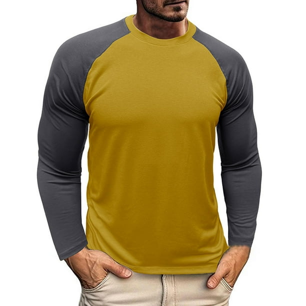 Blusas y camisas de manga larga con cuello redondo para hombre, blusa informal de poliéster con bloques de color y manga larga con cuello redondo.