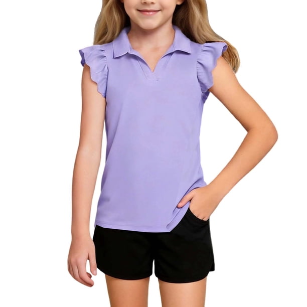 Camisetas de Verano de Manga Corta Camisetas de Color Sólido de Verano de las Niñas con Manga de Ruffle Linda con Cuello en V Traje de Camisetas Casuales para 5-14 Años Camiseta de Manga Corta de Jea