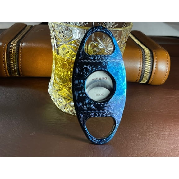 Iridescent Blue Cigar Cutter Guillotine Engraved Stainless Steel Blade Cigar Clipper