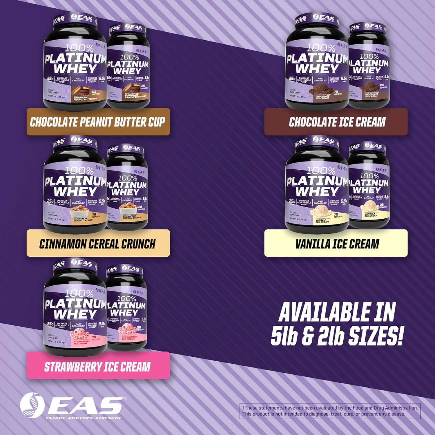 EAS 100% Platinum Whey Powder - 25g Protein, Anti Catabolic, 5.5g BCAAs - 5lb Strawberry Ice Cream