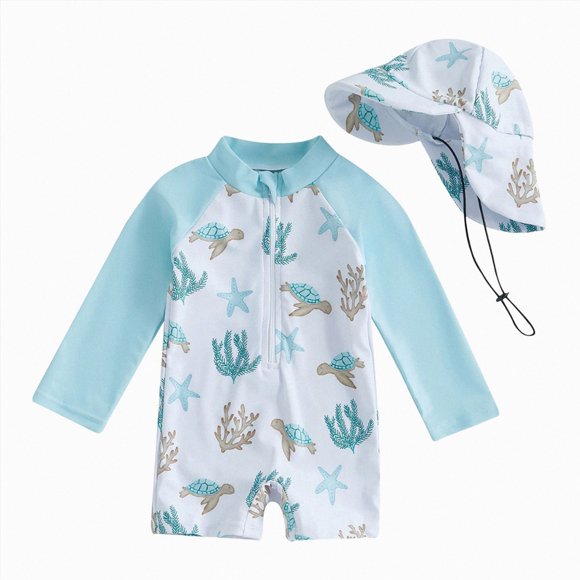 COMVALUE Maillot de Bain pour Tout-Petit Garçon, Maillot de Bain Fille à Fermeture Éclair avec Chapeau (Blanc, 3-6 Mois)