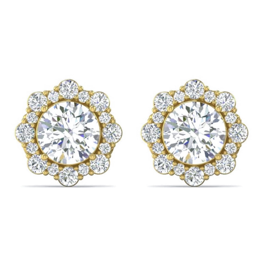 Brilliant Small 925 Sterling Silver 14K Yellow Gold Plated Flower Cluster Round Halo Unisex Iced Cz Hip Hop Hypoallergenic Men's Women's Circle Screw Back Cubic Zirconia Stud Earrings