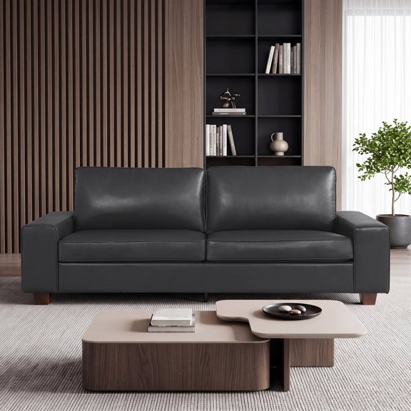 Poshby 88.58''W Faux Leather Sofa 3 Seater Couch with Side Pockets, Wide Arms for Living Room, Gray