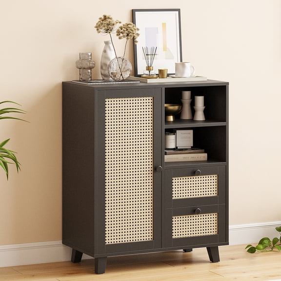27.5" Rattan Buffet Sideboard with Drawers - Adjustable Shelf Storage Cabinet for Living Room, Kitchen, Entryway,Black