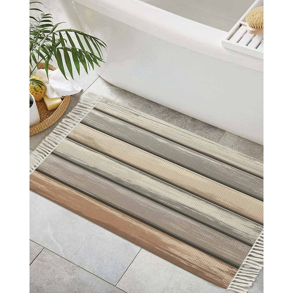 Brown Beige Stripes Bath Rug 2x3ft Woven Bathroom Entryway Runner Rug,Geometric Painting Neutral Textured Washable Living Room Hallway Bedroom Kitchen Carpet with Tassels,Indoor Outdoor Doormat