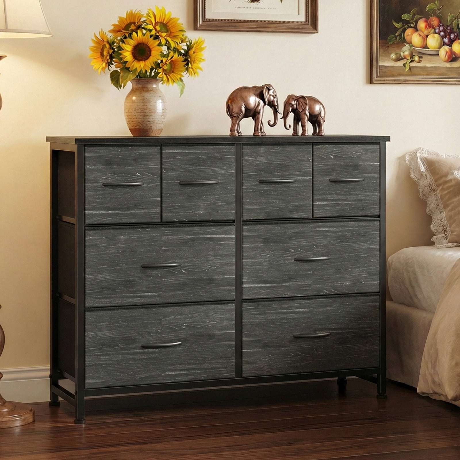 CONCETTA 8-Drawer Fabric Dresser, Wide Chest of Drawers, TV Stand for Bedroom, Living Room, Black Wood