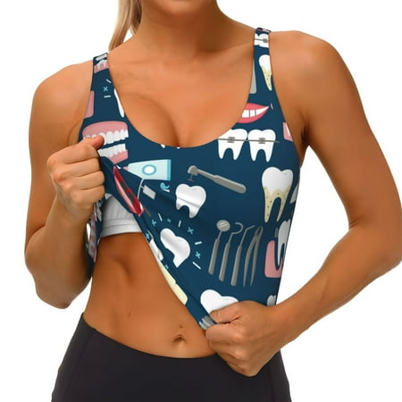 Qokaie Dental Pattern Womens Scoop Neck Sports Bra Breathable Workout Vest Padded U Back Medium Impact Fitness Gym Yoga Bra Workout Crop Top
