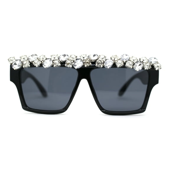 Huge Dripping Nugget Rhinestone Brow Flat Top Horn Rim Sunglasses All Black