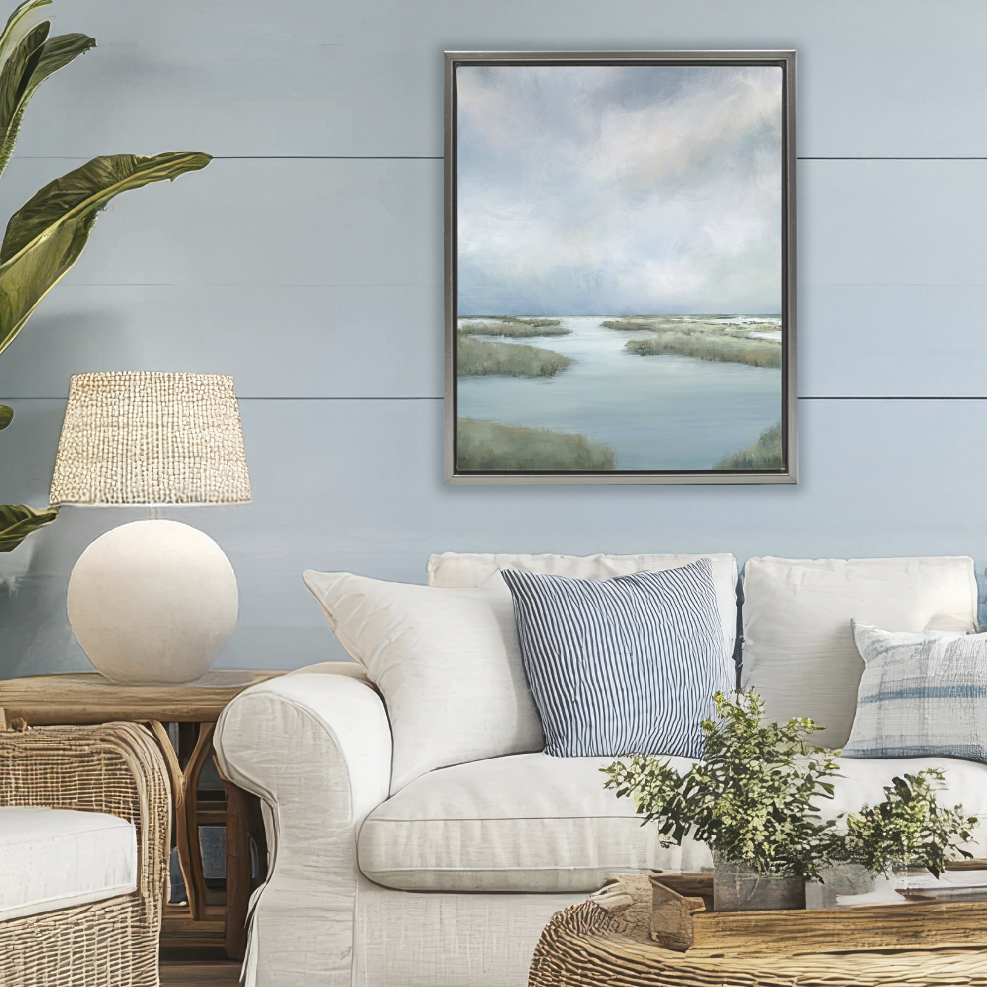 Hazy Marsh Land View Gray Framed Floater Canvas Wall Art, design by Leah Noel Art